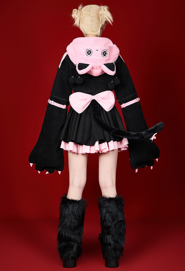 Heart Kitty Black and Pink Paw Hoodie Dress Set with Bows Daily Wear Heart Kitty Black and Pink Paw Hoodie Dress Set with Bows Daily Wear