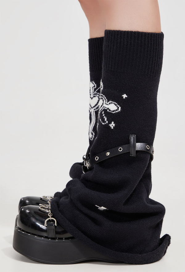 Black Harajuku Leg Warmers With Leather Harness and Cross Decoration