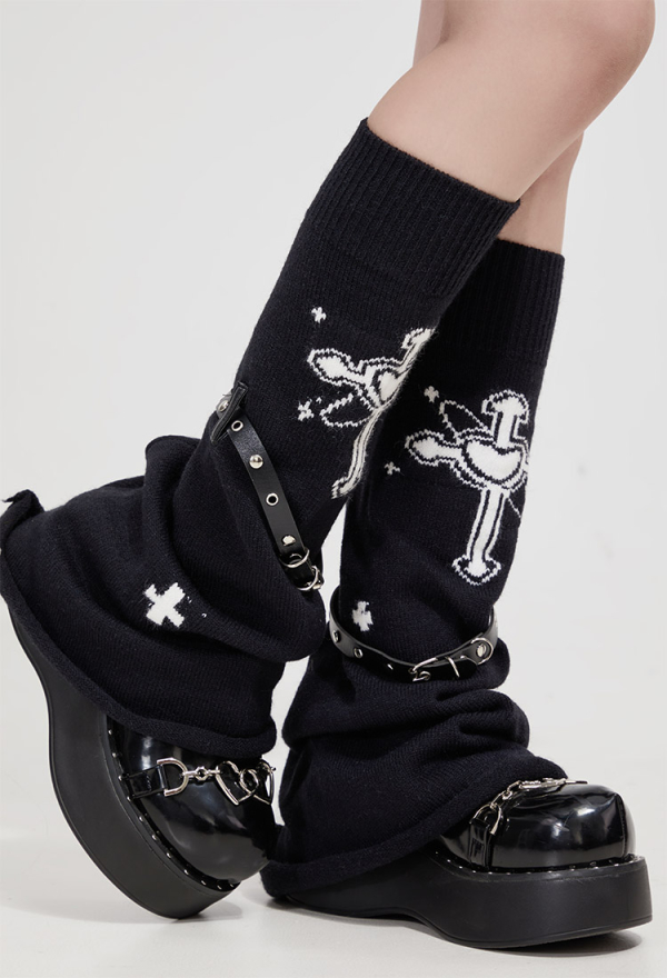 Black Harajuku Leg Warmers With Leather Harness and Cross Decoration