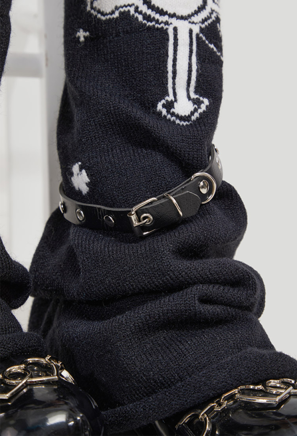 Black Harajuku Leg Warmers With Leather Harness and Cross Decoration