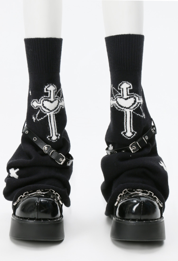 Black Harajuku Leg Warmers With Leather Harness and Cross Decoration