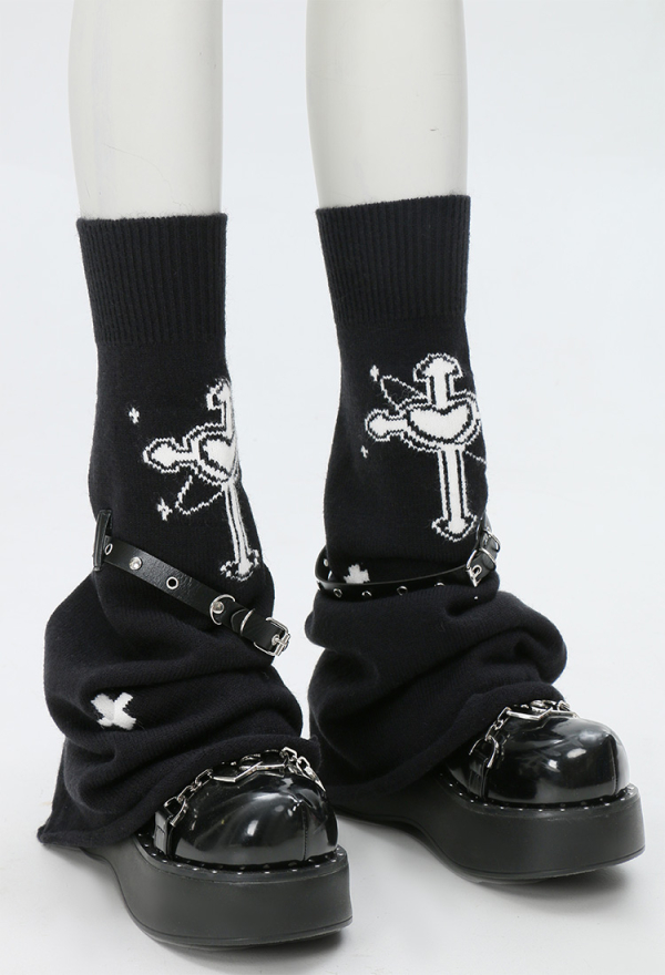 Black Harajuku Leg Warmers With Leather Harness and Cross Decoration