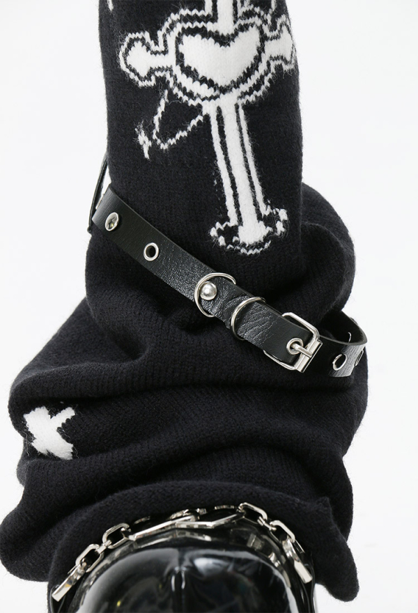 Black Harajuku Leg Warmers With Leather Harness and Cross Decoration