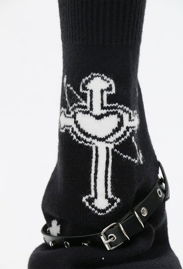 Black Harajuku Leg Warmers With Leather Harness and Cross Decoration