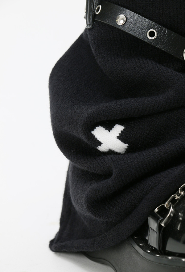 Black Harajuku Leg Warmers With Leather Harness and Cross Decoration