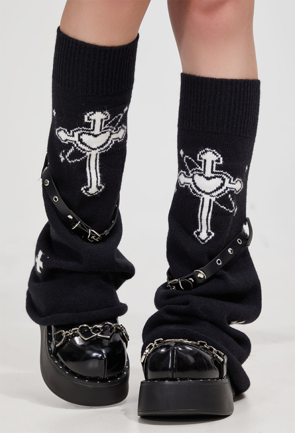 Black Harajuku Leg Warmers With Leather Harness and Cross Decoration