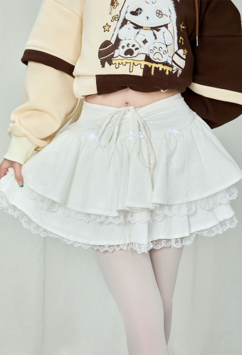 White Cotton Double Layered Skirt Lace Lace-up Skirt Daily Wear
