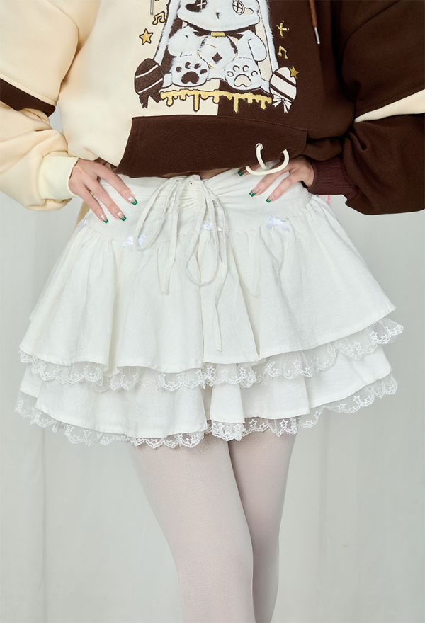 White Cotton Double Layered Skirt Lace Lace-up Skirt Daily Wear