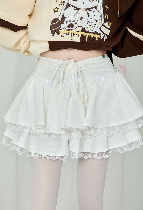 White Cotton Double Layered Skirt Lace Lace-up Skirt Daily Wear