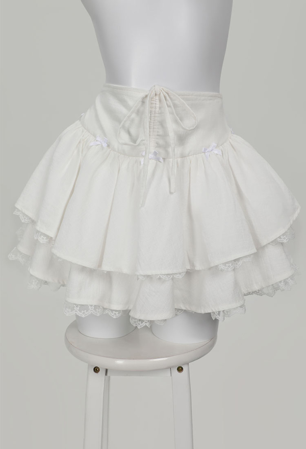 White Cotton Double Layered Skirt Lace Lace-up Skirt Daily Wear