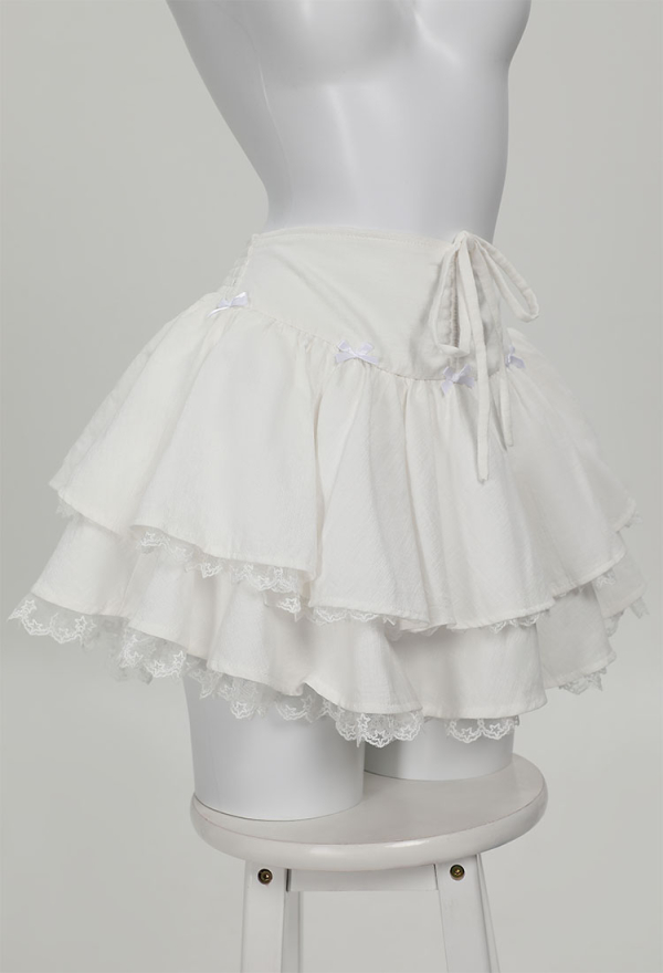 White Cotton Double Layered Skirt Lace Lace-up Skirt Daily Wear