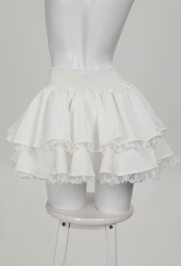 White Cotton Double Layered Skirt Lace Lace-up Skirt Daily Wear