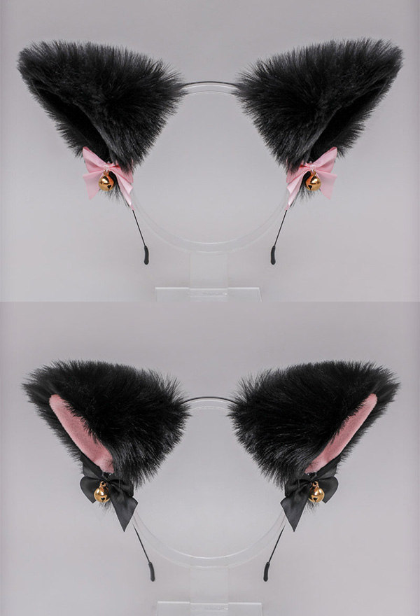 E-Girl Kawaii Lolita Halloween Cat Fox Plush Ears Headband Faux Fur Bell Bow Decorated Cosplay Headband