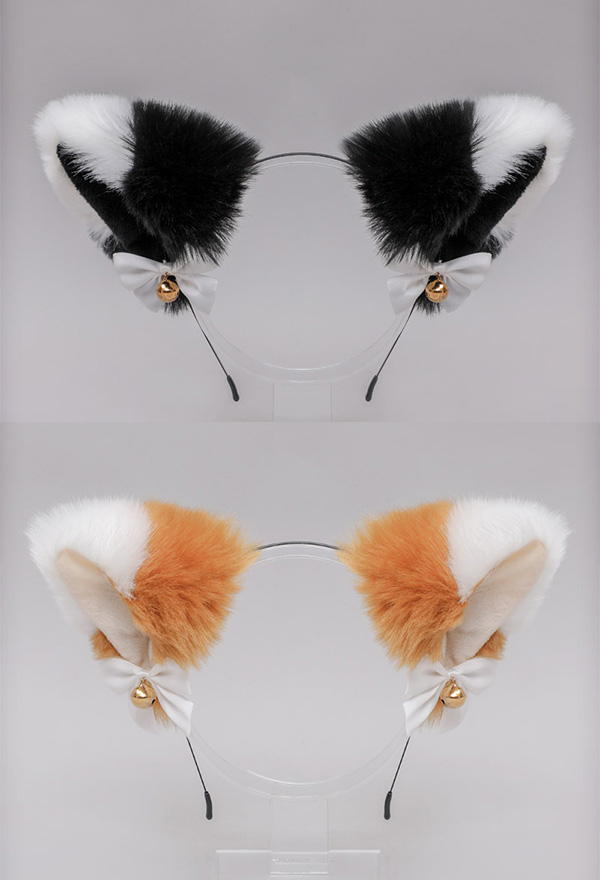 E-Girl Kawaii Lolita Halloween Cat Fox Plush Ears Headband Faux Fur Bell Bow Decorated Cosplay Headband