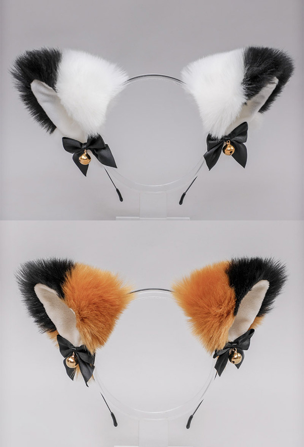 E-Girl Kawaii Lolita Halloween Cat Fox Plush Ears Headband Faux Fur Bell Bow Decorated Cosplay Headband
