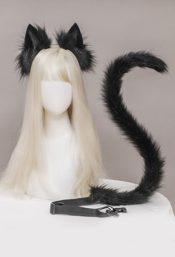 E-Girl Cute Cat Plush Ears Headband and Tail Set Lolita Style Faux Fur Cosplay Headband and Tail
