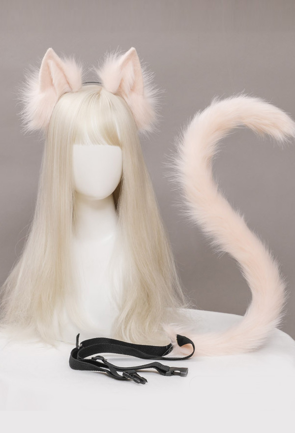 E-Girl Cute Cat Plush Ears Headband and Tail Set Lolita Style Faux Fur Cosplay Headband and Tail