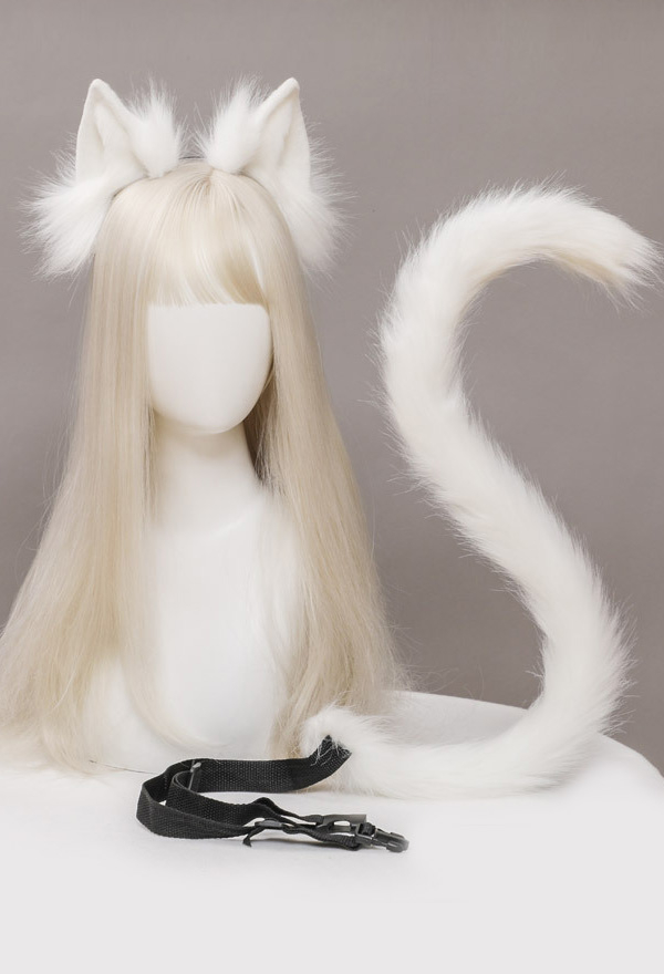 E-Girl Cute Cat Plush Ears Headband and Tail Set Lolita Style Faux Fur Cosplay Headband and Tail