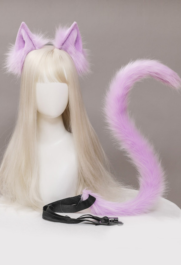 E-Girl Cute Cat Plush Ears Headband and Tail Set Lolita Style Faux Fur Cosplay Headband and Tail