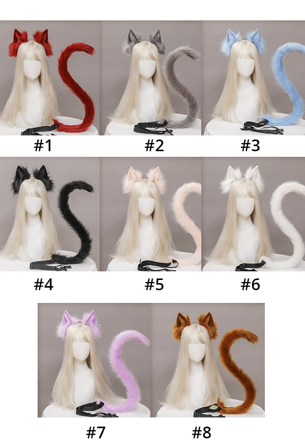 E-Girl Cute Cat Plush Ears Headband and Tail Set Lolita Style Faux Fur Cosplay Headband and Tail