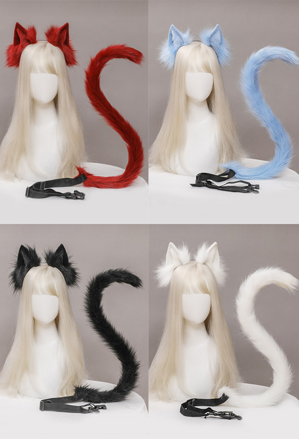 E-Girl Cute Cat Plush Ears Headband and Tail Set Lolita Style Faux Fur Cosplay Headband and Tail