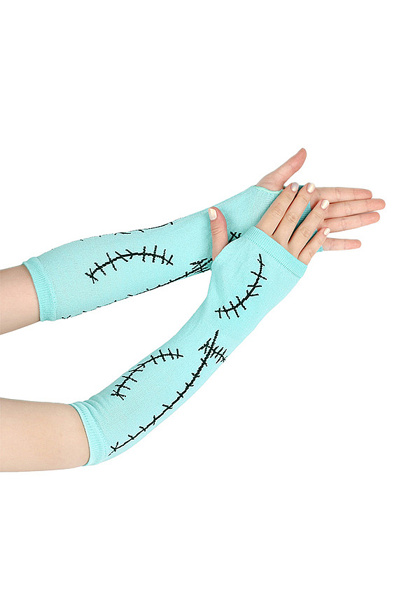 Halloween Gothic Blue Stitch Thigh-High Stockings with Arm Warmers Ragdoll Cosplay Set