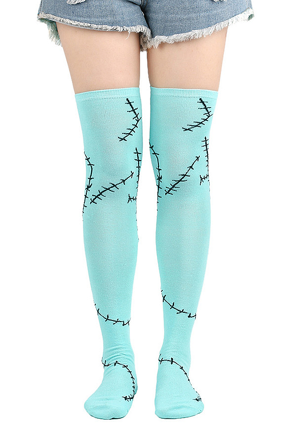 Halloween Gothic Blue Stitch Thigh-High Stockings with Arm Warmers Ragdoll Cosplay Set