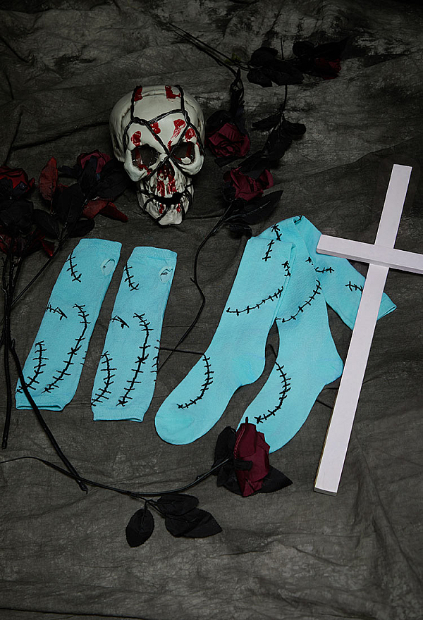 Halloween Gothic Blue Stitch Thigh-High Stockings with Arm Warmers Ragdoll Cosplay Set