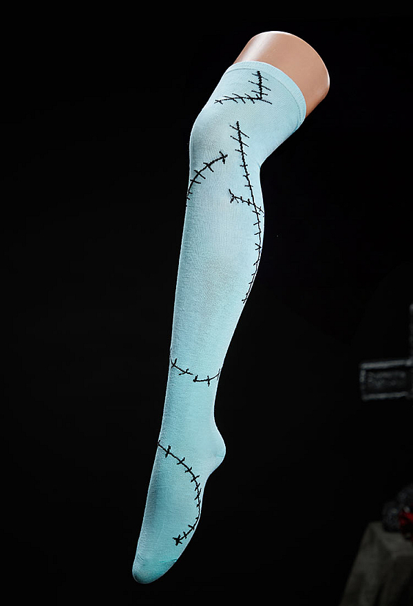 Halloween Gothic Blue Stitch Thigh-High Stockings with Arm Warmers Ragdoll Cosplay Set