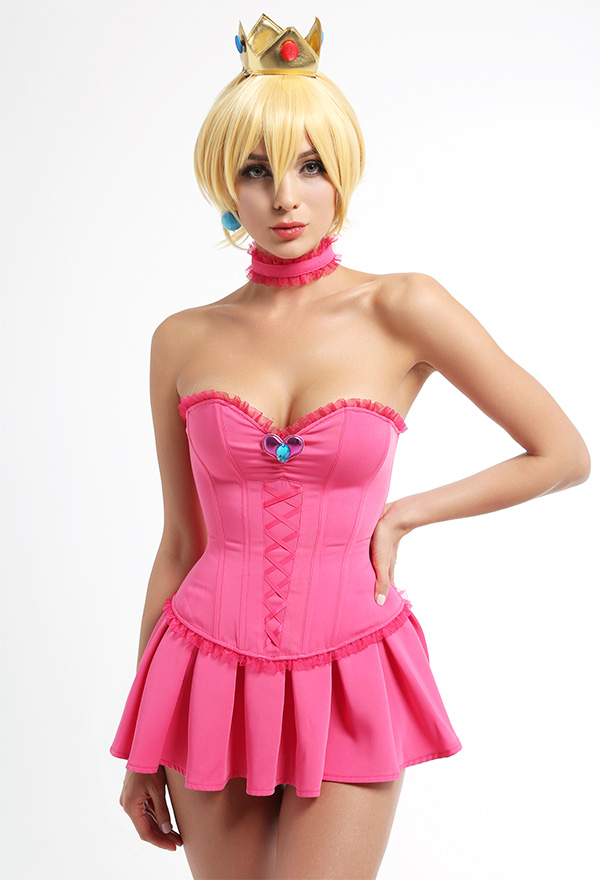 Women Halloween Pink Princess Costume with Skirt and Lace Decorations Women Halloween Pink Princess Costume with Skirt and Lace Decorations