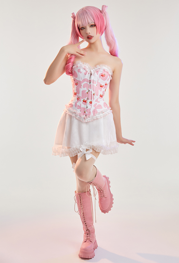 Women Sexy Pink White Cow Print Buckle-up Corset Mini Skirt Set