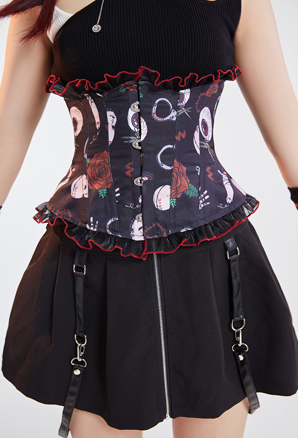 Women Punk Black Gothic Elements Print Underbust Corset Women Punk Black Gothic Elements Print Underbust Corset