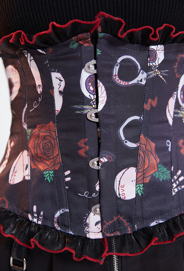 Women Punk Black Gothic Elements Print Underbust Corset Women Punk Black Gothic Elements Print Underbust Corset