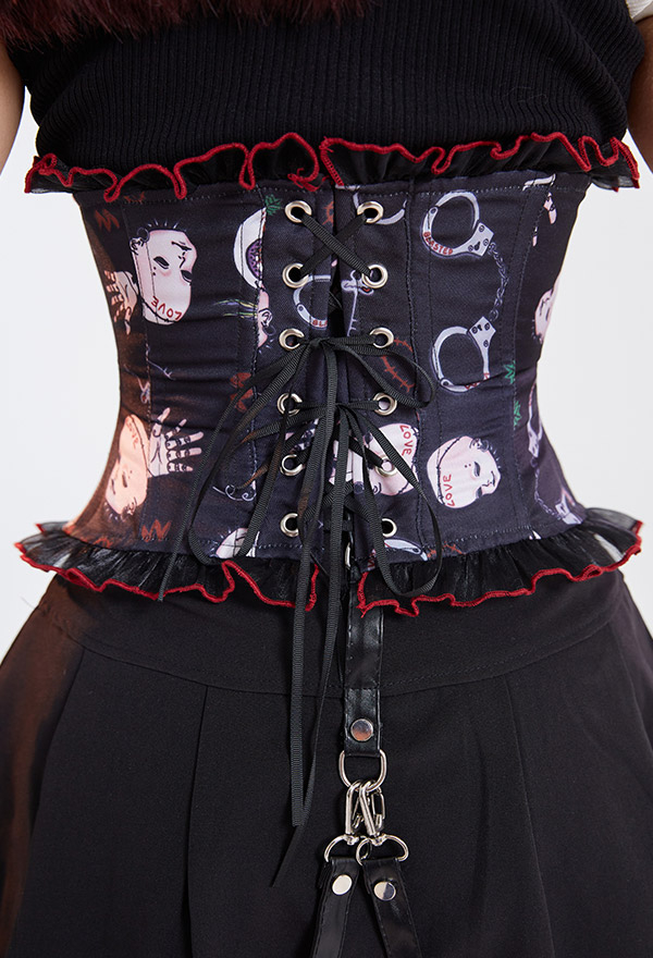 Women Punk Black Gothic Elements Print Underbust Corset Women Punk Black Gothic Elements Print Underbust Corset