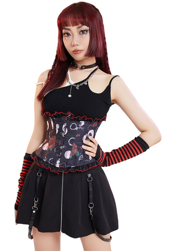 Women Punk Black Gothic Elements Print Underbust Corset