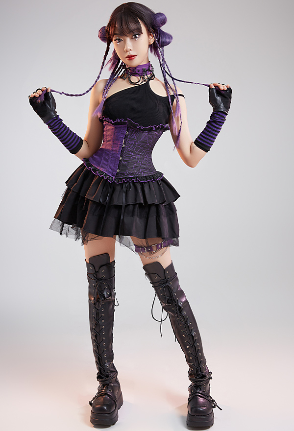 Women Gothic Black Purple Butterfly Web Print Ruffles Underbust Corset Women Gothic Black Purple Butterfly Web Print Ruffles Underbust Corset
