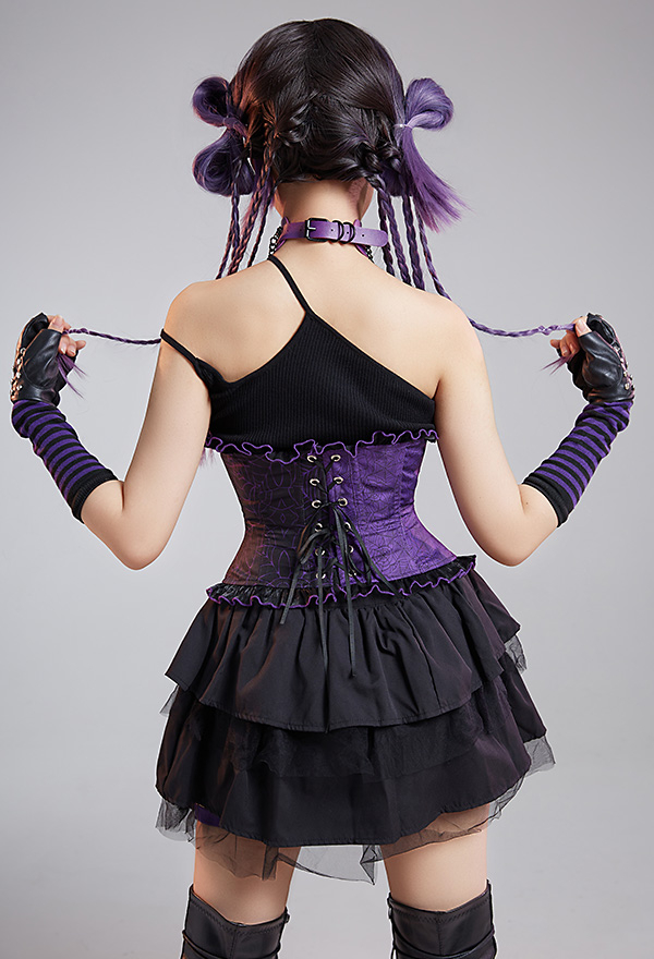 Women Gothic Black Purple Butterfly Web Print Ruffles Underbust Corset Women Gothic Black Purple Butterfly Web Print Ruffles Underbust Corset