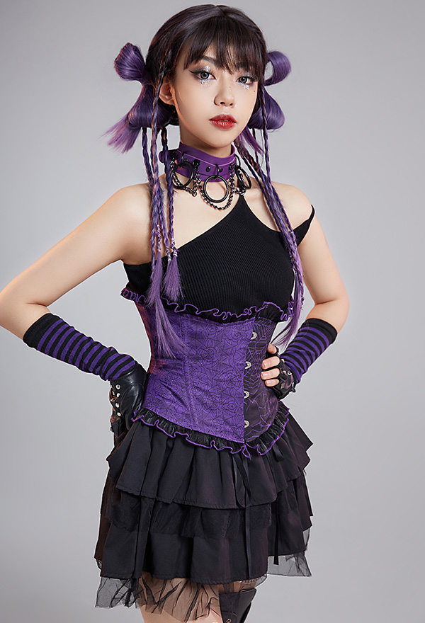 Women Gothic Black Purple Butterfly Web Print Ruffles Underbust Corset Women Gothic Black Purple Butterfly Web Print Ruffles Underbust Corset