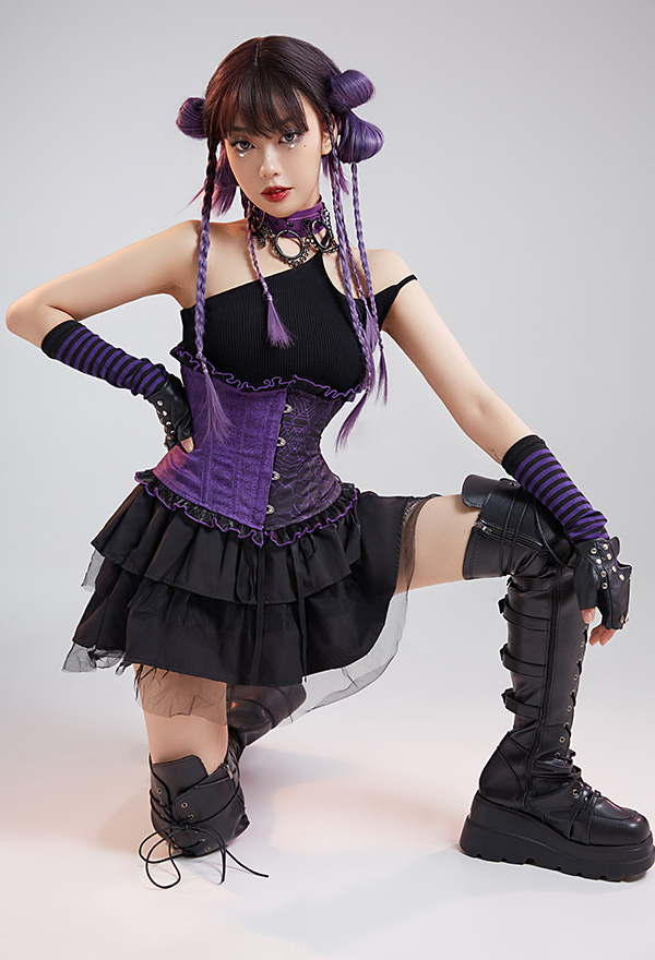 Women Gothic Black Purple Butterfly Web Print Ruffles Underbust Corset Women Gothic Black Purple Butterfly Web Print Ruffles Underbust Corset