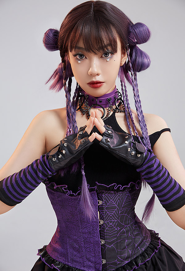 Women Gothic Black Purple Butterfly Web Print Ruffles Underbust Corset Women Gothic Black Purple Butterfly Web Print Ruffles Underbust Corset