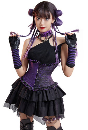 Women Gothic Black Purple Butterfly Web Print Ruffles Underbust Corset