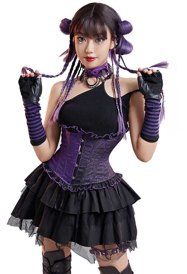 Women Gothic Black Purple Butterfly Web Print Ruffles Underbust Corset Women Gothic Black Purple Butterfly Web Print Ruffles Underbust Corset