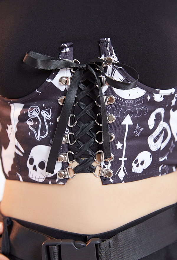 Women Gothic Black Witch Elements Print Lace-up Push Up Underbust Plastic Bone Corset Women Gothic Black Witch Elements Print Lace-up Push Up Underbust Plastic Bone Corset