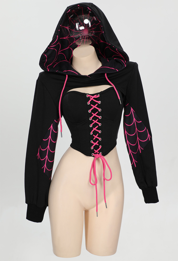 Dark Spider Gothic Lace-up Corset Black Hooded Top and Corset two-piece Set Dark Spider Gothic Lace-up Corset Black Hooded Top and Corset two-piece Set