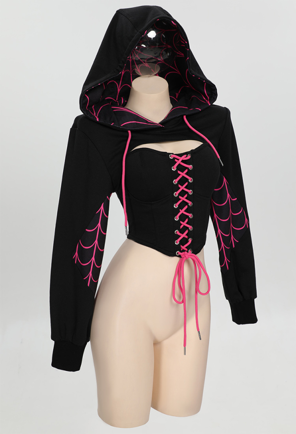 Dark Spider Gothic Lace-up Corset Black Hooded Top and Corset two-piece Set Dark Spider Gothic Lace-up Corset Black Hooded Top and Corset two-piece Set