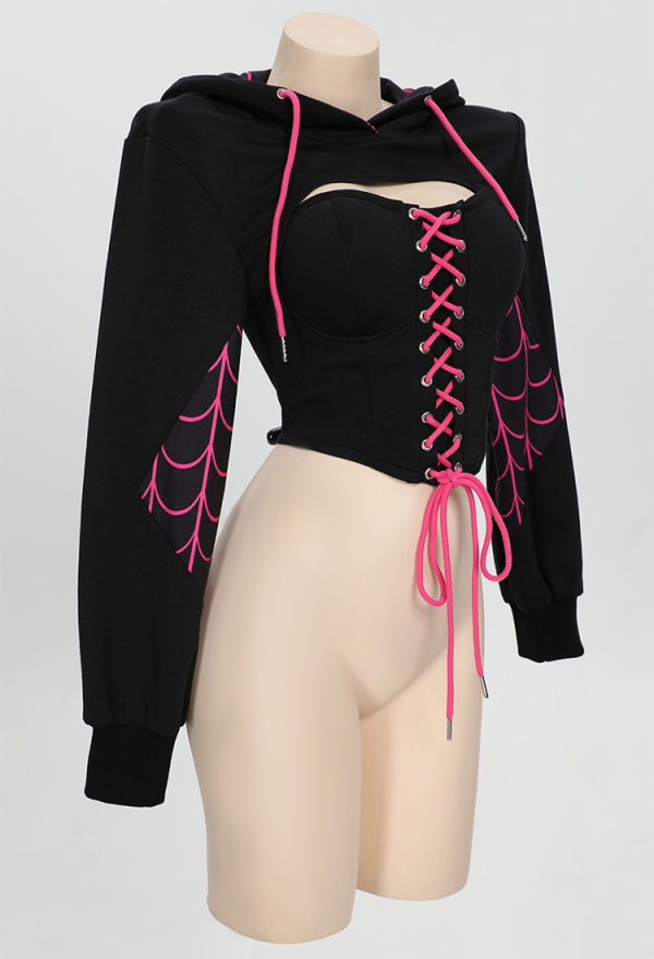 Dark Spider Gothic Lace-up Corset Black Hooded Top and Corset two-piece Set Dark Spider Gothic Lace-up Corset Black Hooded Top and Corset two-piece Set