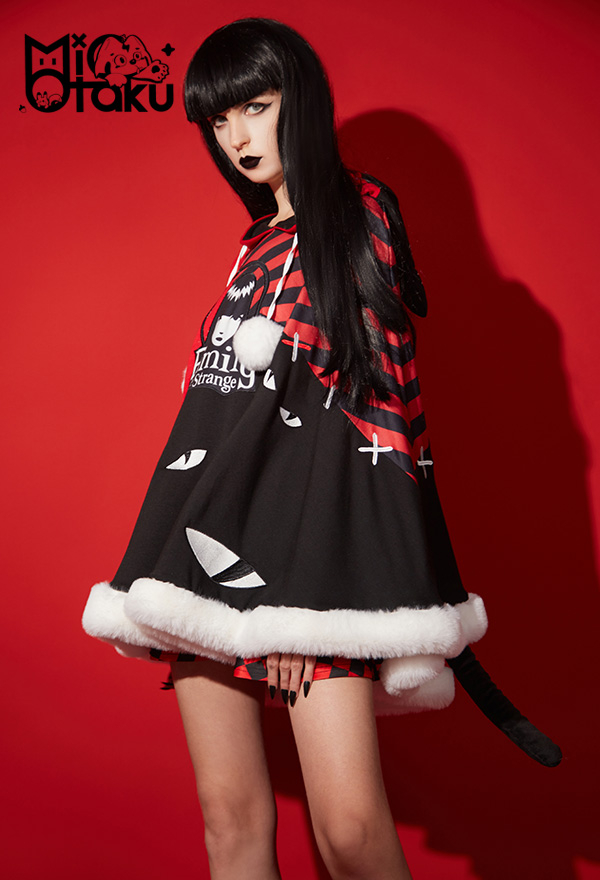 Emily the Strange Striped Fluffy Trim Print Halloween Cloak Costume with Cat Ear Hat