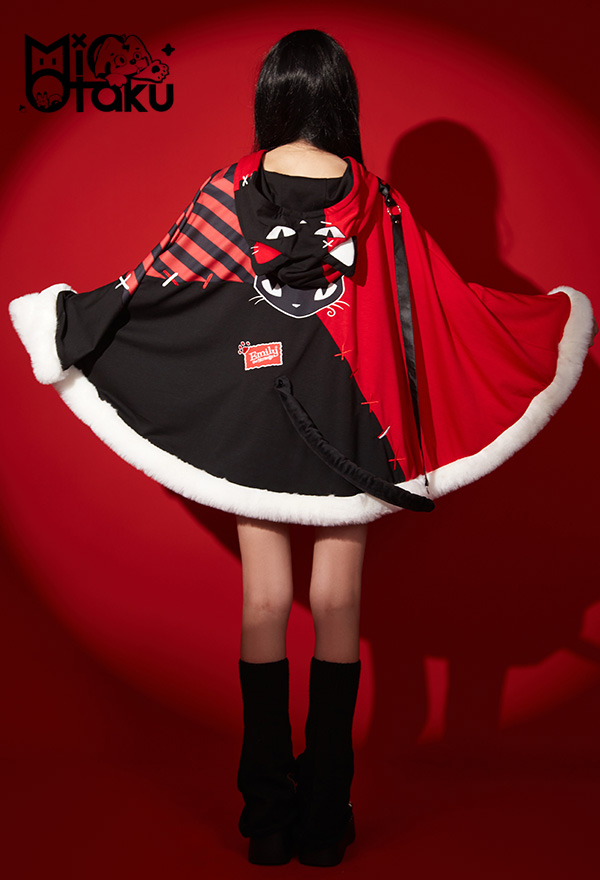 Emily the Strange Striped Fluffy Trim Print Halloween Cloak Costume with Cat Ear Hat