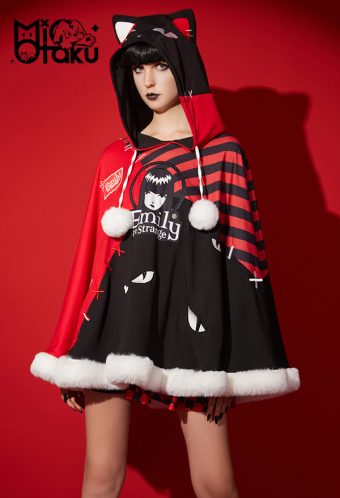 Emily the Strange Striped Fluffy Trim Print Halloween Cloak Costume with Cat Ear Hat
