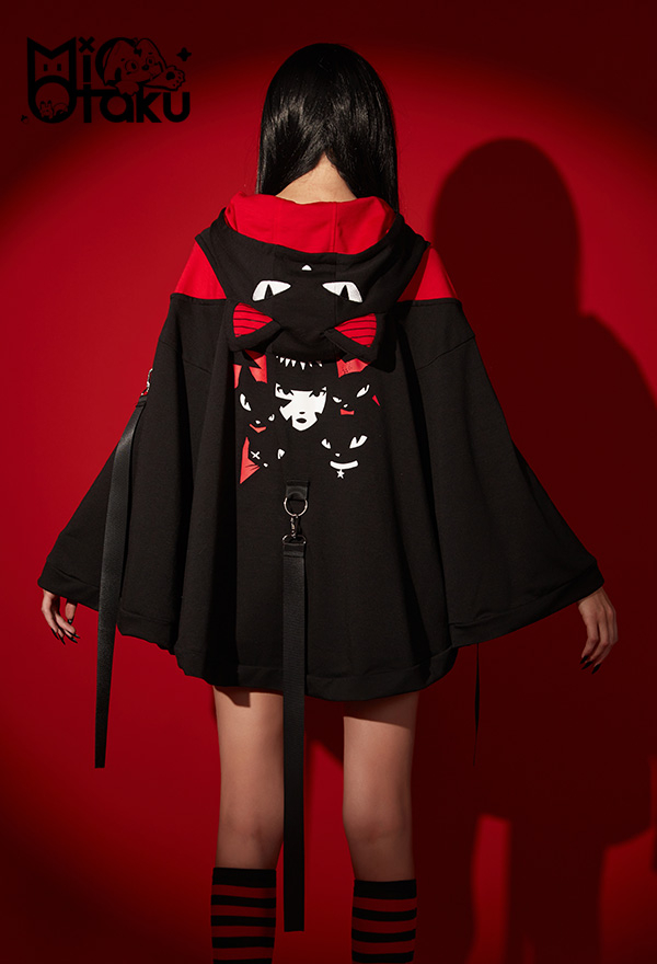 Emily the Strange Cat Ear Hooded Halloween Costume Black Bad Kitten Club Print Cloak Costume Emily the Strange Cat Ear Hooded Halloween Costume Black Bad Kitten Club Print Cloak Costume